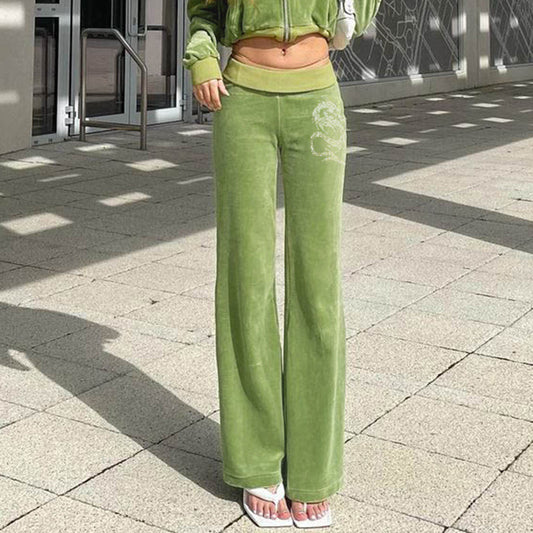 Casual Fashion Sporty Green Velvet Sweatshirt And Drill Velvet Pants