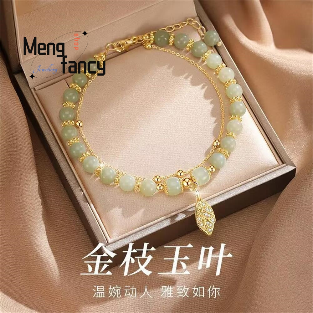 Natural Hetian Jasper Golden Branch Jade Leaves Bracelet Exquisite Sexy Young Girls Fashion Jewelry Best Selling Holiday Gift